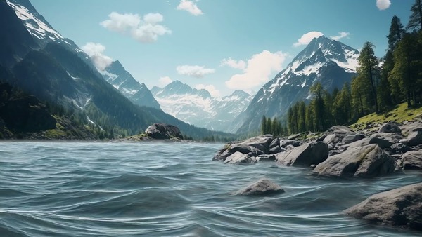 A calm lake with mountains in the distance